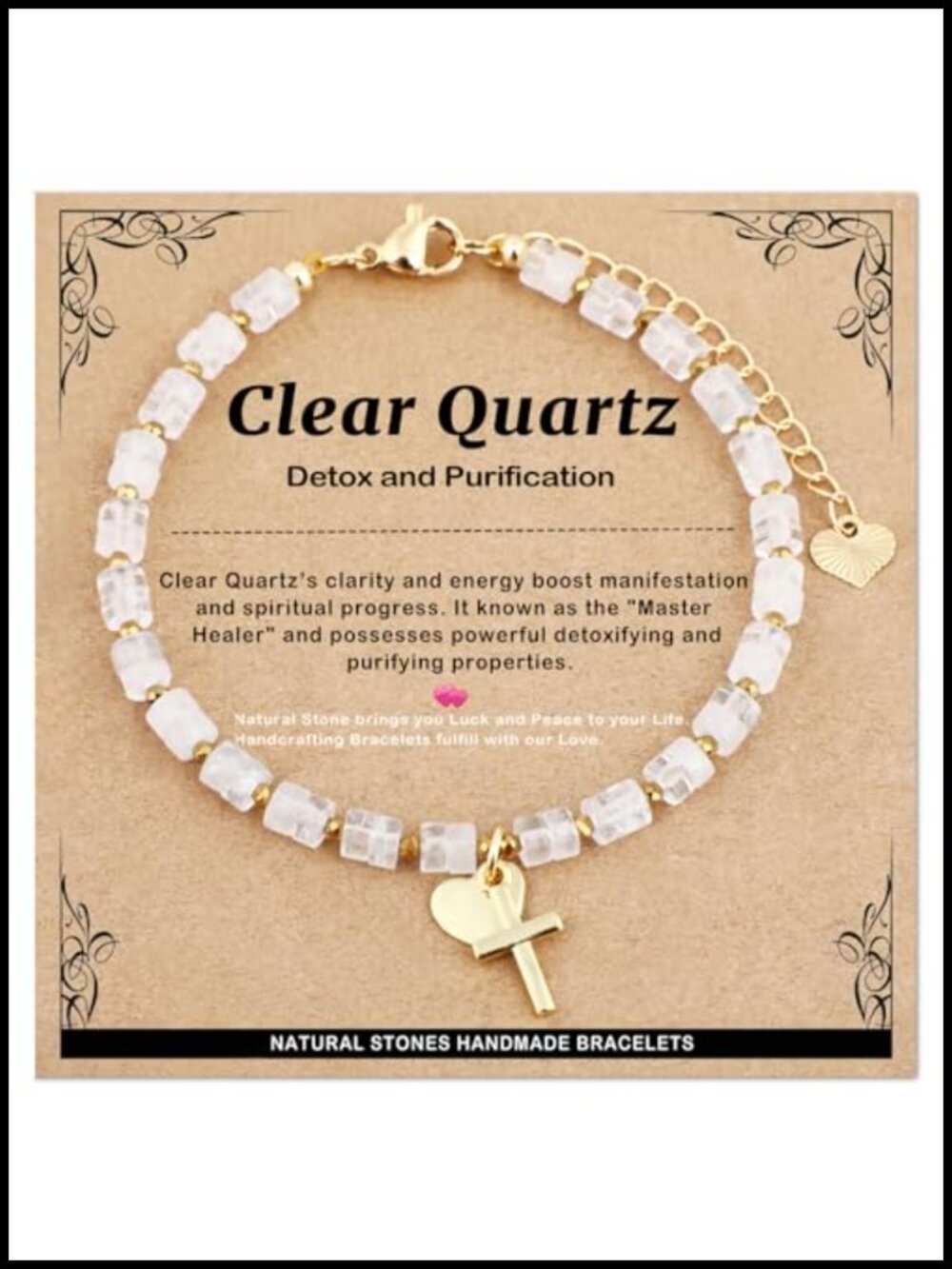 Natural Clear Crystal Heishi Bracelet 18K Gold Plated Cross Charm Adjustable